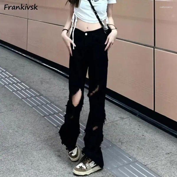 Jeans femminile unisex donne nere in stile vintage harajuku estate alta vita di base accogliente fori di abbigliamento a colori solidi pantaloni