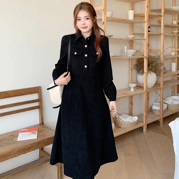 Повседневные платья корейские винтажные сгущения свободные дамы черная осенняя зима