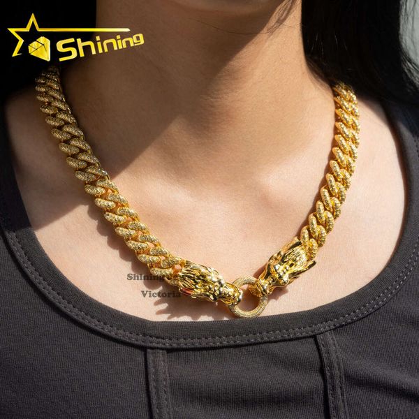 Novo design exclusivo de moda 15mm 18k Gold Yellow Gold Out Moissanite Diamond Dragon Cuban Link Chain