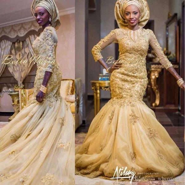 Gold Spitze Arabische Meerjungfrau 2017 Brautkleider Afrikanische nigerianische Applikationen Drei Viertelärmel Brautkleider mit Tulle Wraps