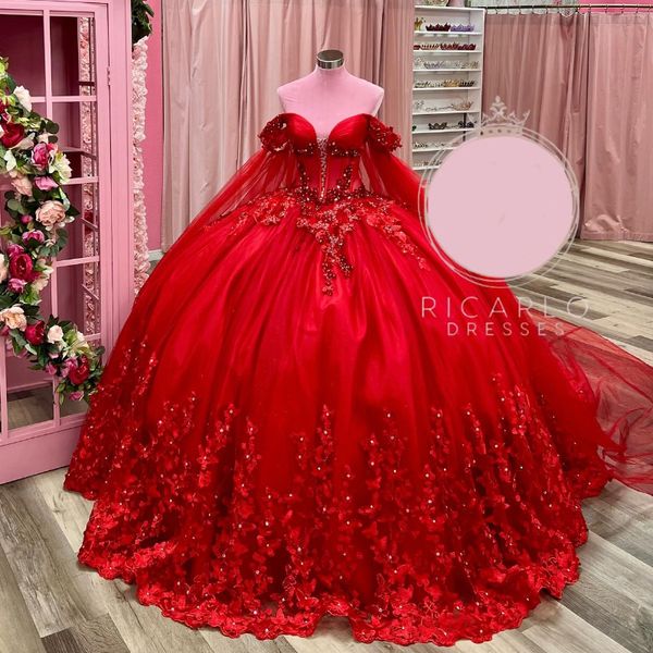 Abiti Quinceanera rossi scintillanti pai paillettes di lusso perle d'arco applique dolci per 16 anni Vestidos de 15 Anos Birthday Party Gown