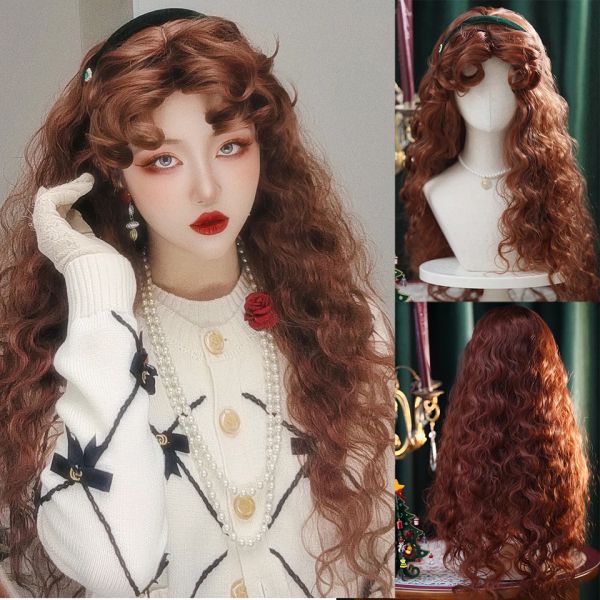 Wigs Houyan Long Wavy Hair Brown Bangs Natural Wig Cosplay Girl Lolita Wig Lady Banks Синтетический парик