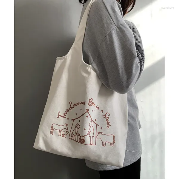 Sacchetti per la spesa da donna con stampa da cartone animato sacca di tela femmina eco borsetto tote in stoffa di cotone shopper per le ragazze book 2024