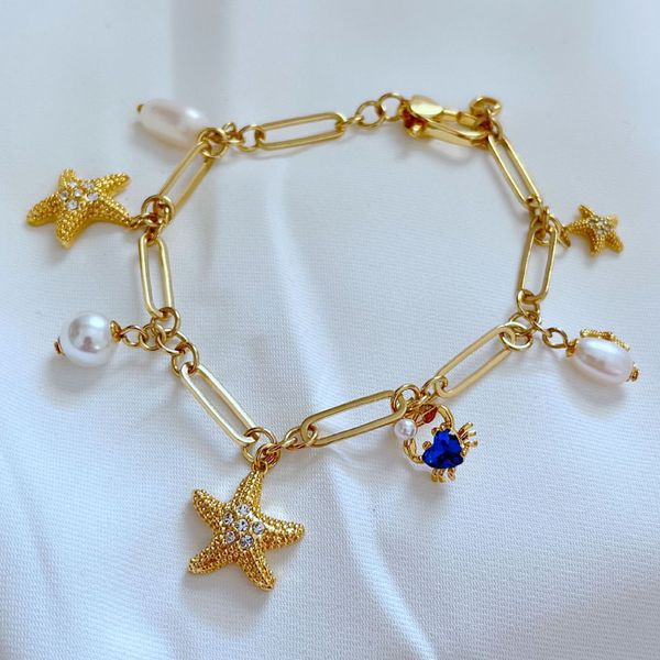 Sea Animal Starfish Designer Bracelet for Women Girls Shine Diamond Nature Luxury Pearl Bamboo Cadeir