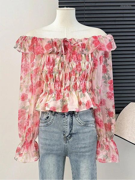 Frauenblusen rosa Blumendruckhemden und Bluse 90er Y2K Vintage Koreanisch Harajuku 2000er Jahre eleganter Mode Langarm Shirt Top Kleidung