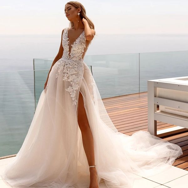 Elegantes A-Line-Hochzeitskleid 2024 V-Ausschnitt Spitzen Applikationen Tulle Brautpartykleider hoher Split-Rückenless für Frauen anpassen Vestidos de Novia