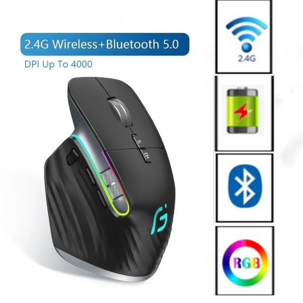 Bluetooth 24g Mouse sem fio recarregável 12 cores rgb led camundongos ergonômicos para laptop de computador para jogadores ipad 240419