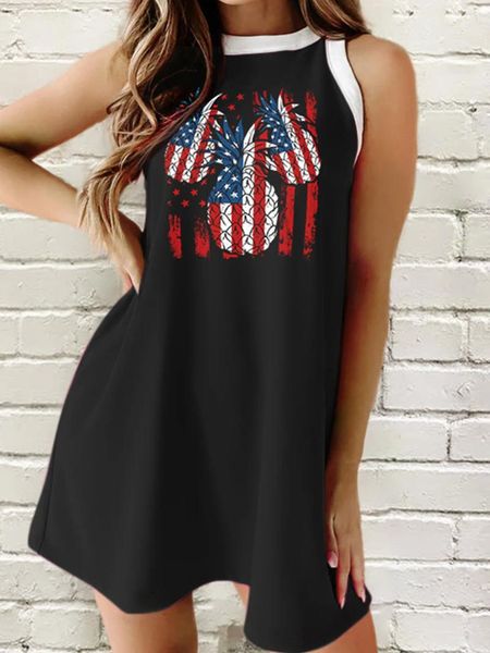 Vestidos casuais bandeira americana bandeira de abacaxi mini vestido 2024 verão impressão solta moda elegante partido vintage férias saia sem mangas