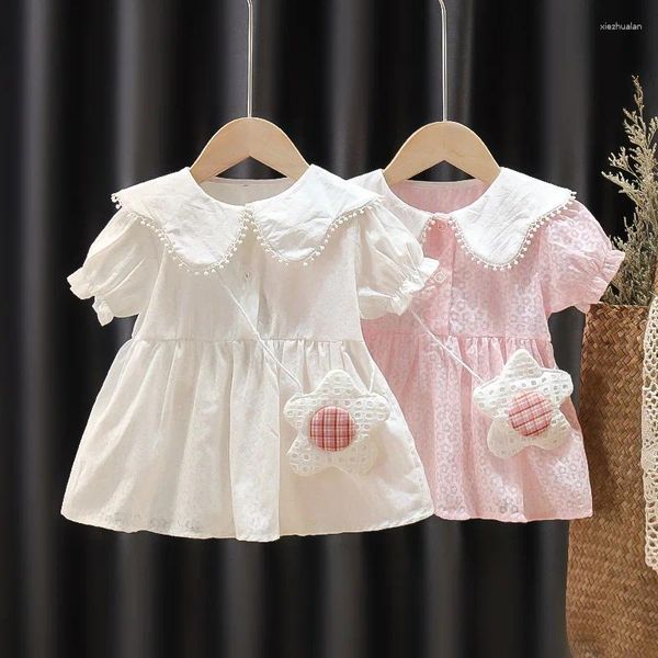 Mädchenkleider 2pcs Sommermädchen Strand Prinzessin Kleid süße Bogen Blumen ärmellose Baumwolle Kleinkind Lotus Tasche Born Clothing Set