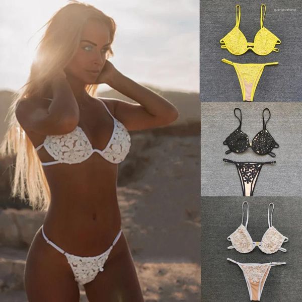 Kadın Mayo Donsignnet Summer Sexy Sexy Hollow Sold Renk Taç Petal Bikini Kadın Bölünmüş Mayo Seti Takım Mujer 2 Parça Kadın