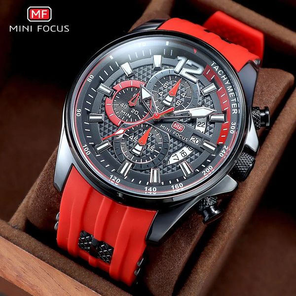 Mini Focus Red Watch for Men Fashion Luxury Chronograph Quartz. Начаты на наручные часы с силиконовой полосой светящиеся руки дата водонепроницаемой 0350 240425