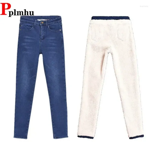 Jeans feminino Skinny High Caist Denim Pants Plus Tamanho 34 Vaqueros Vaqueros Alongamento Mulheres Pantalon Warm Winter Fleece forred Ficket Pencil