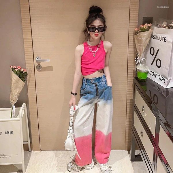 Roupas Conjunto Jucpkid Coreano Escola de Verão Menina Crianças Onega O-Gola Onega Contraste Jeans de Calça Reta Conjunto De 4 a 12 anos