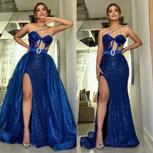 Vestidos de baile de formatura de lantejoulas azuis reais com saia destacável lateral de alta fenda sexy vestido de noite de ilusão para mulheres 2024 Mermaid One ombro, vestido de ocasião especial