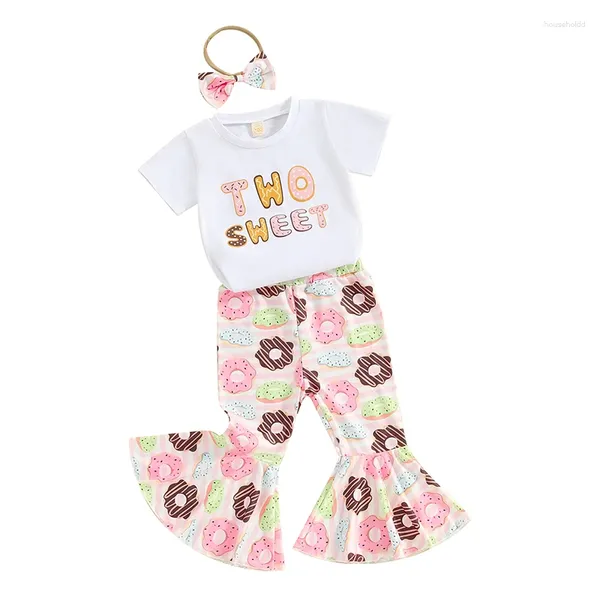 Roupas conjuntos de crianças meninas meninas meninas aniversário 3pcs roupas de verão sweet letter impressão camisa de donut impressão calça esclarecida corda de cabelo