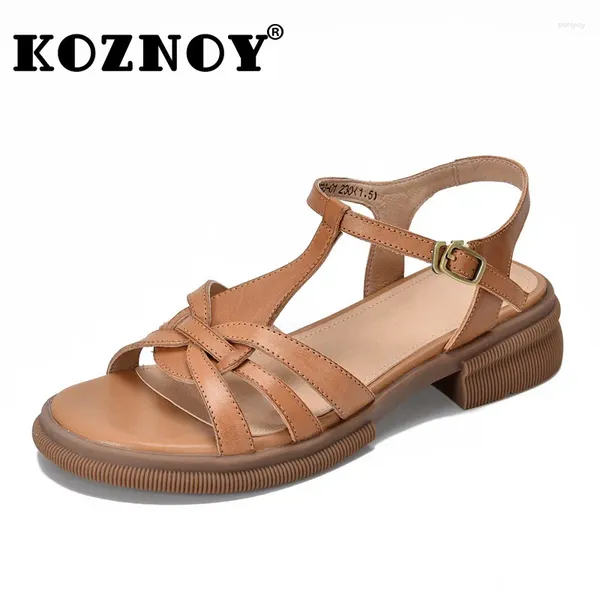 Sandálias Koznoy 4cm Plataforma étnica Sapatos de cunha Mulheres de luxo Lady Peep Toe Toe Slipper de fivela de couro genuíno Mary Jane Flats Summer Summer