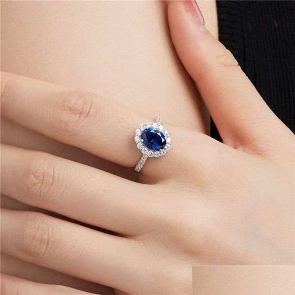 Anéis de banda 7x9mm azul para mulheres 925 Sterling Sier Designer Sapphire Diamond Ring Woman 5A Zirconia Jóias de luxo