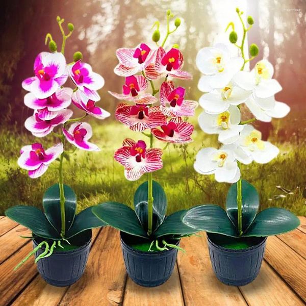 Flores decorativas Orquídea artificial Pot Orquídea portátil Desktop Fake em vasos de imitação ecológica de imitação de mesa central peças centrais