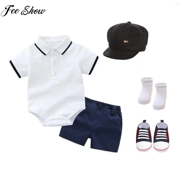 Bekleidungssets Baby Boys Taufe Gentleman Anzug Geburtstag Hochzeitsfeier Outfit Kurzarm Baumwoll -Rolmer -Hemd mit Shorts Cap Socken Schuhe