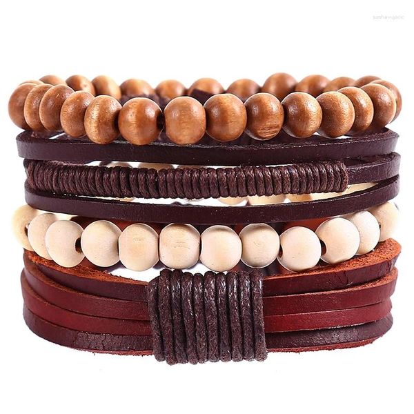 Charm Bracelets 4pcs/Set Hippie Punk Wachs Kabel Wickelknoten braune Leder Beige Holzperlenschichten Stapelbare Armband Armreifen für den Menschen