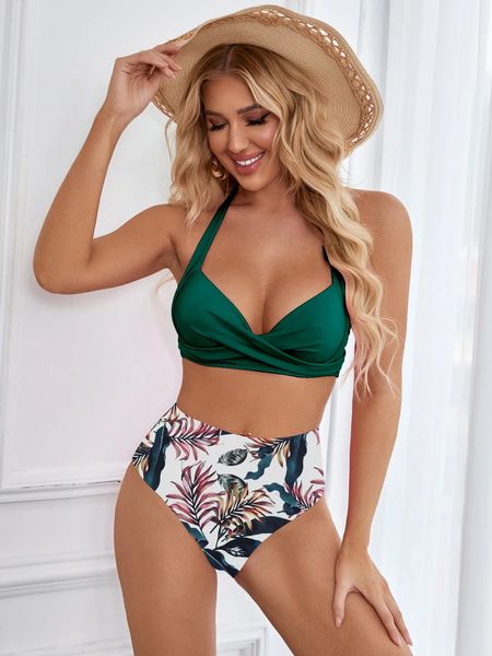 Bikinis de cintura alta sexy 2024 Halter modear moda feminina fêmea fêmea fêmea feminina feminina feminina maiúsculo de maiô de traje de banho de verão xxl 240417