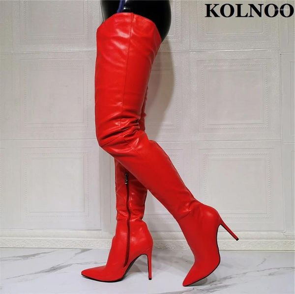 Stiefel Kolnoo Handgefertigte echte Po Ladies High Heels Oberschenkelhohe rotes Kunstleder über Knie sexy Abend Mode Winterschuhe