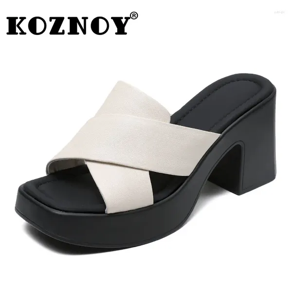 Slippers koznoy 8cm tecer tecer couro genuíno moda piche dedo dedo dedo bobo hees plataforma escorregadia on ladies sandálias femininas cunha sapatos de verão