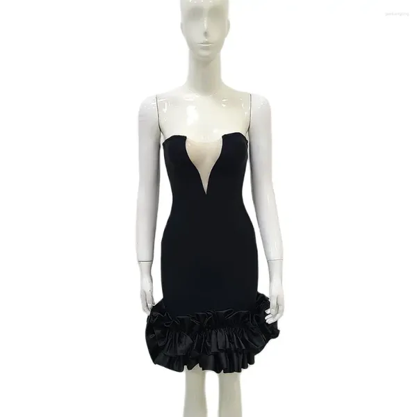 Vestidos casuais Mini Bandrage moda vestido curto para mulheres 2024 verão chique elegante plissado borda preta