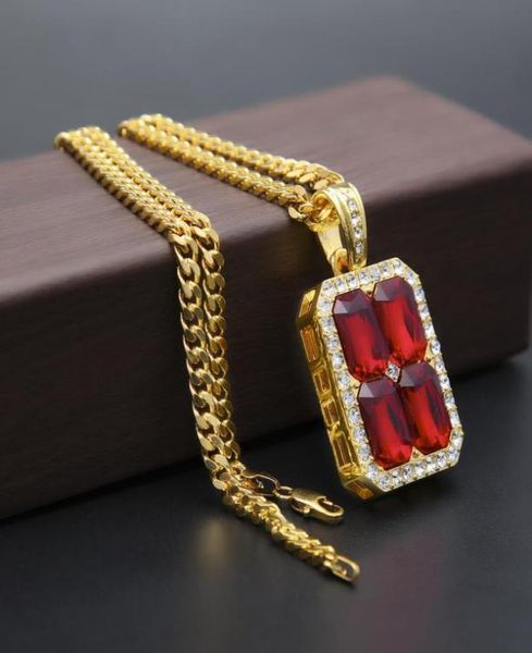 MENS Celebrity Style Hip Hop 18k oro oro rosso rubino Ruby Diamond Necklace