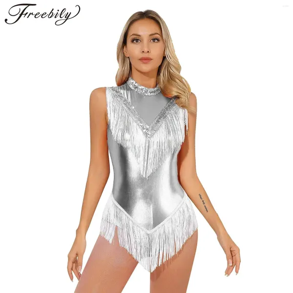 Stage Wear Women Women Latin Dance Bodysuit Manuminoso Metálico Tassel Vestido de Larinha para Cha-Cha Tango Samba Rumba Ginástica