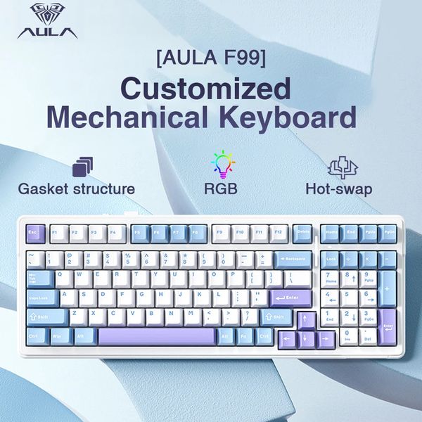 AULA F99 Teclado Machanical Bluetooth 5.0/2.4g sem fio/sem fio Teclado de jogo montado na junta 99 teclados personalizáveis 240419