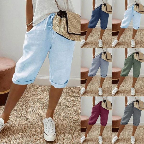 Calça feminina verão para mulheres plus size moda feminina sólida sólida grande bolso elástico casual capris calça as calças