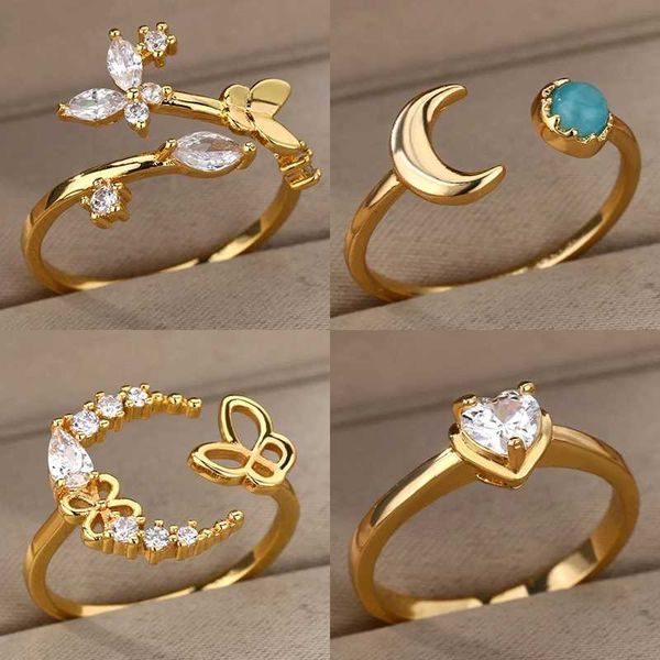 Bandringe Vintage herzförmige Zirkon verstellbare Ring für Frauen Edelstahl Gold Ehering Womens Ästhetische Schmuckanillos Mujer Q240427