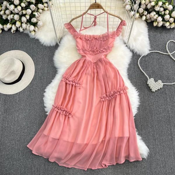 Vestidos casuais de verão moda de luxo rosa tira longa vestido praia saia de férias embrulhada cintura a-line