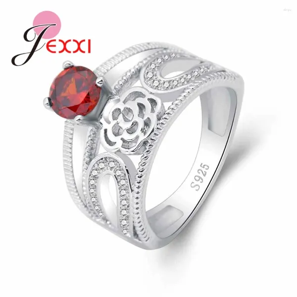 Ringas de cluster Vintage Red Cubic Zircon Flores largas Hollo Hollo