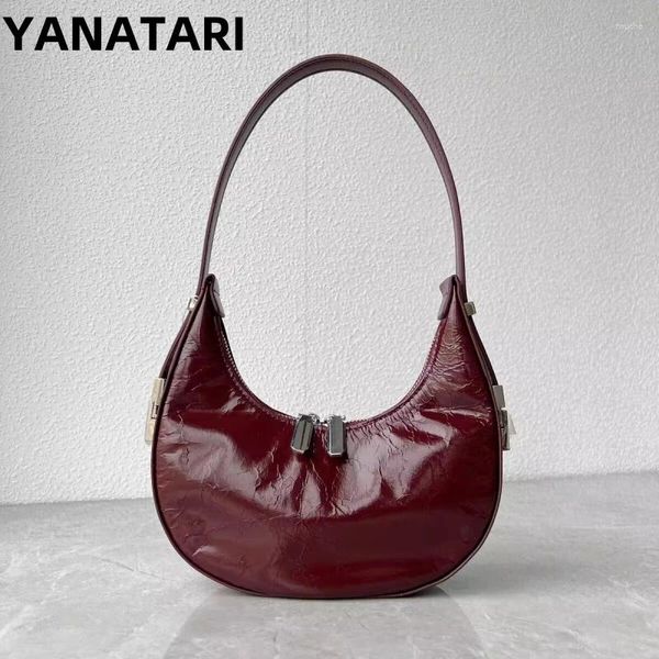 Сумки на плече янатари дизайнер роскошные винные красные сумки для женщин подлинная кожаная полумесячная сумочка мода мода