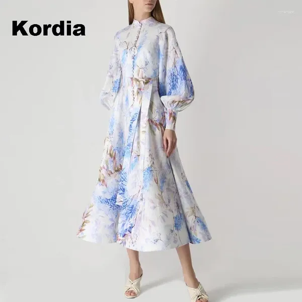 Abiti casual abiti da passerella manica per lanterna Donne a petto singolo a petto Floral ad alta vita A-Line Chic Party Beach Boho Maxi Robe Mujer