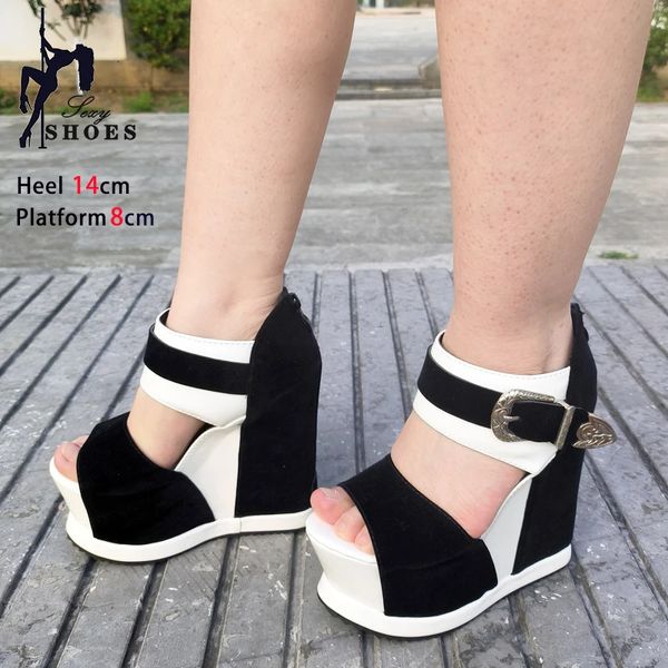 Model Moda Şovu Yaz Sandalet 8cm Platform 14cm Süper Yüksek Topuklu Dip Kadın Kama Sığ Parti Ayakkabıları Artı Boyut 43 240425