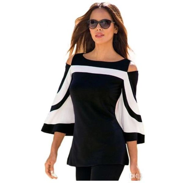 FashionNew Designer Damen Bluse Bluse Black White Block Block Glockenhülle kalte Schultertop Mujer Camisa Feminina Büro Damen 6490163