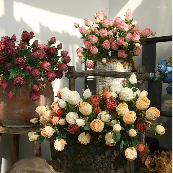 Fiori decorativi 3pcs 5head bordo bruciato simulazione rosa simulazione fiore bouquet artificiale artificiale decorazione della casa finta