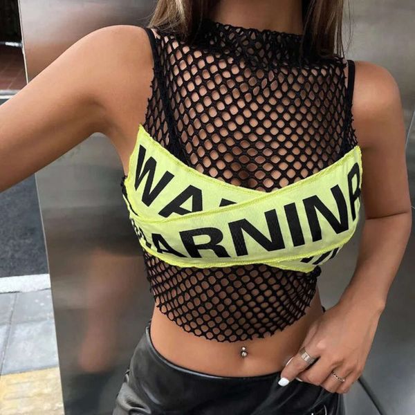 Mesh Hollow out Warning Letter Tatchwork Tank Women Bare Midriff Crops Tops