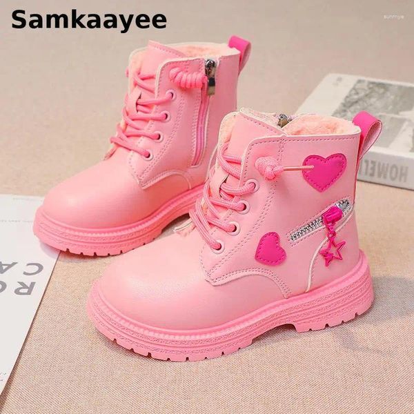 Stivali 4-18y Girls Kids Casual Shoes Casual Bambini Spring Autumn Leather Pink Love Sole Soft Sole Round-Toe Princess Ankle Botines Y34