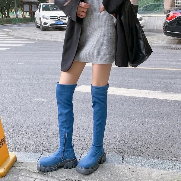 Stiefel 2024 Herumn Winter Brand Ladies High Fashion Solid Color Platform Frauen über Knie lässige blaue Frau Schuhe