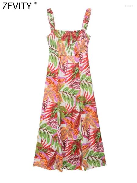 Vestidos casuais zevity feminino folhas tropicais impressão elástica babados sling vestido midi femme chic zipper split beach vestidos