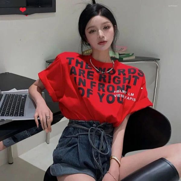 Frauen T-Shirts Sommer Übergröße lässiges T-Shirt für Damen Koreaner Modebrief gedruckt kurzarm Tees Streetwear Red Chi weibliche Tops