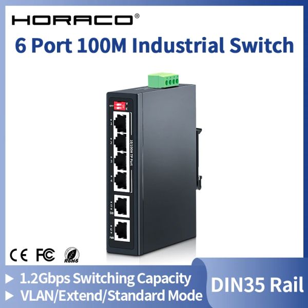 Interruptores Horaco 6 Porta 100m Industrial Industrial Switch 100Mbps DIN35 Rail 100BASET Rede Ethernet Switcher VLAN IP40 6KV Lightning Protection