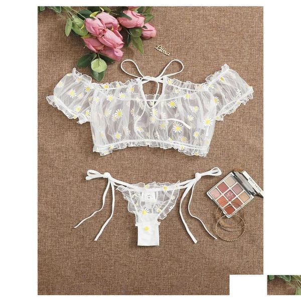 BHS -Sets Porno Frauen y Dessous Set Kostüme BABYDOLL 2PCS Pyjamas Thongs Tops Daisy Print Spitze transparent Seethrough Drop Lieferung OTFHA