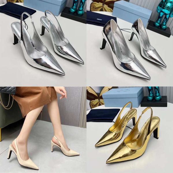 Meglio il marchio Slingbacks Donne da 8,5 cm ad alto tallone oro abito a tutela in pelle genuina in pelle Spettatore di tacchi spessi Scarpe da design Lear S QUALITÀ ORIGINALE