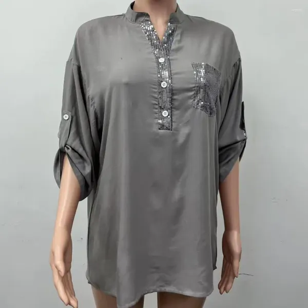 Bloups feminina Camisa de costura de lantejoulas de decote em V para mulheres de manga comprida com pullocatomia com pocheiro solto