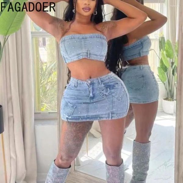 Arbeitskleider Fagadoer Fashion Pearls Diamond Y2K Jeans Zwei -Stück -Sets Frauen von Schulterhülsen und Rückenless Röhrchen Miniröcke Cowboy -Outfits